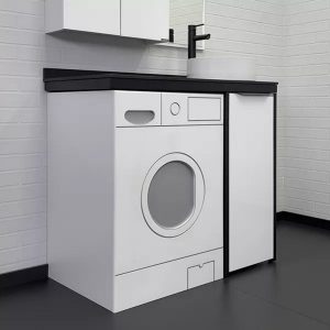 Тумба под стиральную машину напольная Comforty Лозанна 100 со столешницей Калакатта Блэк с раковиной 9111 Белый матовый 00-00013800CF