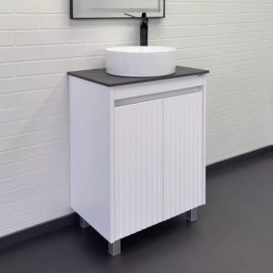 Тумба напольная Comforty Двина 60 со столешницей мрамор Калакатта Блэк с раковиной 9111 Белый матовый 00-00019598CF